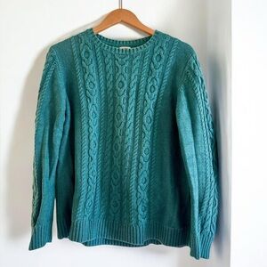 LL Bean Vintage Cable Knit Sweater Teal Cotton XL Fisherman Crewneck 90s